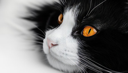 Close Up Portrait of a Playful Monochrome Kitty Cat with Expressive Amber Eyes on White Backgroundの素材