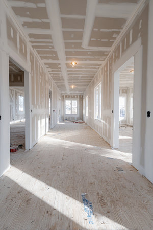 Home Interior Remodeling Sheetrock Installation on Walls and Ceilings for New Housing Projectの素材