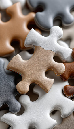 Intricate Puzzle Arrangement Featuring Interlocking Pieces Creating a Cohesive Textured Compositionの素材