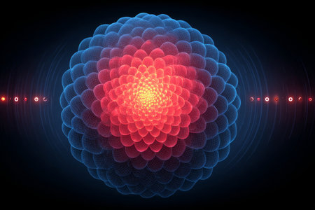 Nucleus Bloom Sphere Burst Geometric Radiance and Abstract Waves Echo in Futuristic Visualizationの素材