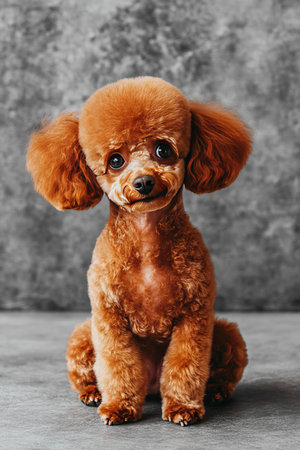 Adorable Brown Toy Poodle Puppy with Expressive Eyes Poses Elegantly on a Minimal Gray Backgroundの素材