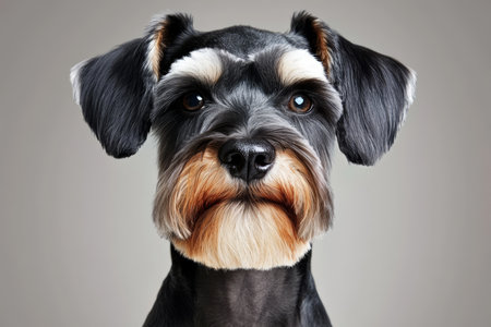 Charming Miniature Schnauzer with Unique Markings Posing Elegantly on a Light Background in Studioの素材