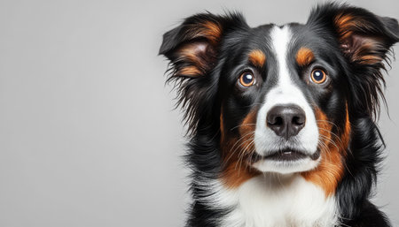 A Poised Miniature Australian Shepherd Exudes Charm with Expressive Eyes in Soft Grey Studio Lightの素材