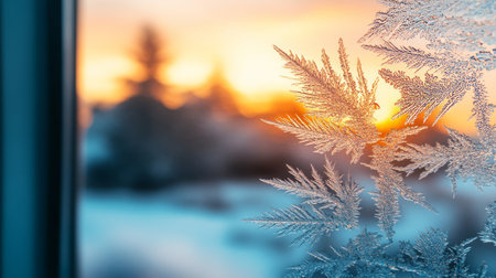Beautiful Winter Window Pane with Intricate Crystals Creating Unique Patterns and Designsの素材