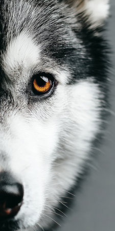 A Majestic Siberian Husky in Winter Landscape Captivating Silver and White Fur with Amber Eyesの素材