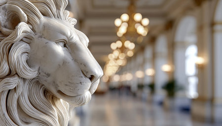 Majestic Marble Lion Statue in an Opulent Historic Hall, Showcasing Classic Architectural Eleganceの素材