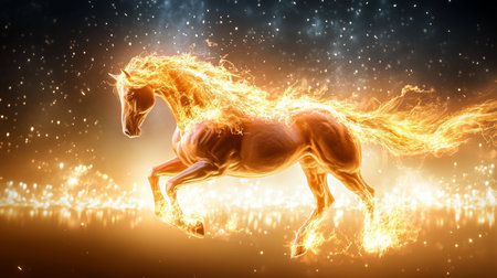 A Majestic Fiery Horse Leaps from Radiant Light into the Vast Cosmic Darkness, Embracing Flamesの素材