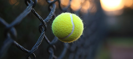 Closeup of a Tennis Ball Wedge in a Metal Fence with Sunlight on the Court Background Outdoorsの素材