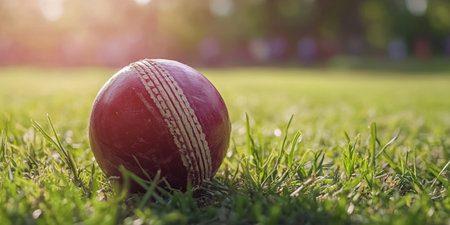 A Bright Red Cricket Ball Sitting on a Green Lawn at a Busy Playground During an Exciting Matchの素材