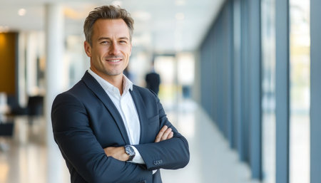 Confident Professional Manager and Successful Businessman in Modern Office Corridor Environmentの素材