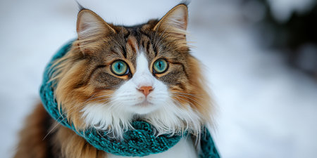 Enchanting Ragamuffin Cat with Striking Emerald Eyes Captivates in Beautiful Winter Portrait Sceneの素材