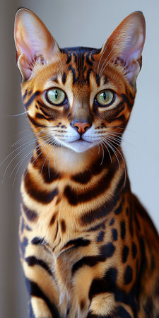 Elegant Bengal Cat Portrait with Expressive Eyes and Spots on Blue Wallpaper Backgroundの素材
