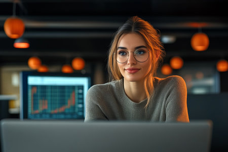 Focused European adult woman analyzes detailed financial charts from home using her modern laptopの素材