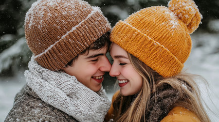 Affectionate Young Couple Laughing Together in a Winter Wonderland During Their Holiday Adventureの素材