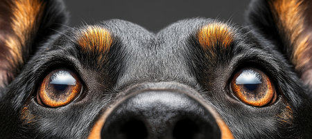 Close-Up of a Beautiful Doberman Pinscher with Intense Gaze and Sleek Black Coat on Gray Backgroundの素材