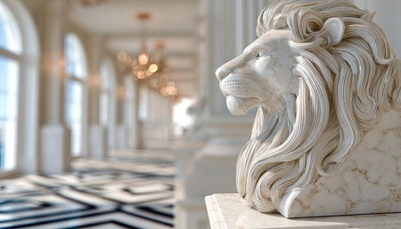 Luxurious Interior Design Featuring Majestic Lion Sculpture and Exquisite Marble Artwork Detailsの素材