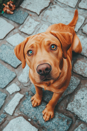 Charming Portrait of a Fox Red Labrador Retriever with Striking Eyes on Beautiful Stone Tilesの素材