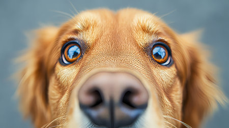 Golden Beauty with Captivating Hazel Gaze of a Joyful Friend Looking at Us Against Gray Backdropの素材