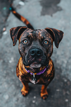 Attentive brindle boxer dog looking upwards with expressive eyes in a candid studio shotの素材