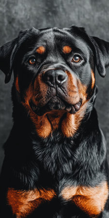 Stunning Rottweiler Portrait with Expressive Brown Eyes Captured in a Soft Gray Ambient Lightの素材