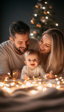 Heartwarming Scene of a Joyful Baby with Loving Parents Under a Beautiful Christmas Tree at Homeの素材