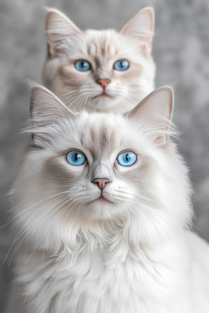Two Charming Ragdoll Cats with Striking Blue Eyes Posed Elegantly Against a Gray Textured Backdropの素材