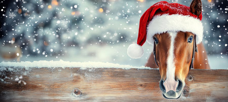 A Festive Horse Wearing a Santa Hat Peeks Over a Wooden Fence in a Winter Wonderland Sceneの素材