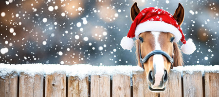 Festive horse wearing a Santa hat peeking over a snow-covered wooden fence in a Christmas scene.の素材