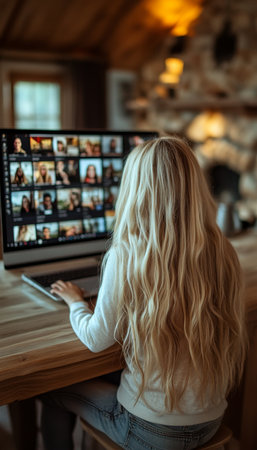 Rear View of a Girl Engaged in a Remote Video Conference Call with Multiple Participants Onlineの素材