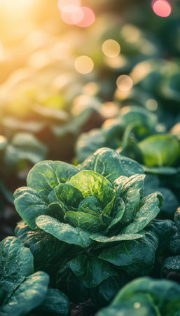 Vibrant Green Lettuce Fields Under Clear Blue Skies, A Bountiful Harvest Ready to be Gatheredの素材