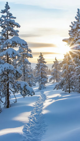 Beautiful Sunlight Filtering Through Snowy Trees on a Winter Holiday Pathway in Nordic Landscapeの素材