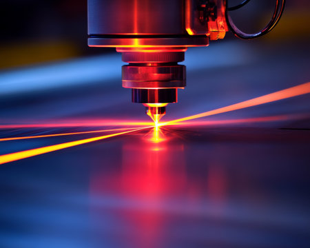 CNC Milling of Hardened Metal Under Red Lighting in a Modern Industrial Factory Environmentの素材