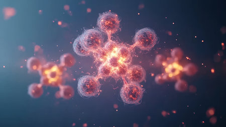 Microscopic View of Atom Interaction in Glowing Spheres During Scientific Research on Moleculesの素材
