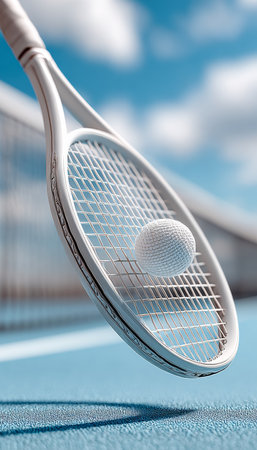 Dynamic Tennis Shot Racket Hitting Ball on Bright Blue Court, Sporty Theme for Active Lifestyleの素材