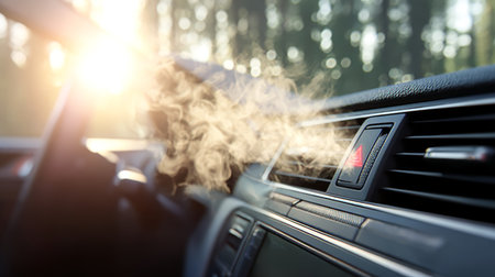 Warm Air Flowing from Vehicle Climate Control System Vent on Car Dashboard with Sunlight and Treesの素材