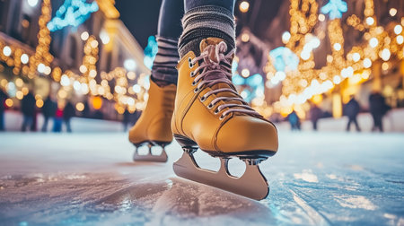 Enjoying Winter Fun Ice Skating in a Festive City with Holiday Lights and Joyful Winter Atmosphereの素材
