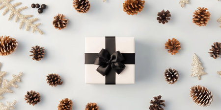 Artistic Christmas Pattern Featuring Pinecones, Berries, Golden Leaves, and Beautiful Holiday Giftsの素材