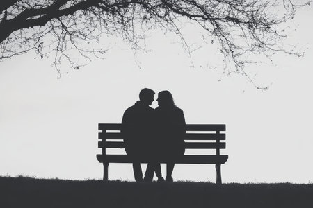 Silhouette of a Romantic Couple on a Park Bench Under a Tree, Enjoying a Quiet Momentの素材