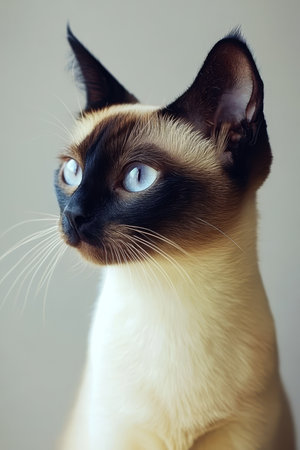 Elegant Siamese Cat with Striking Blue Eyes Posing Gracefully Against a Clean Simple Backgroundの素材