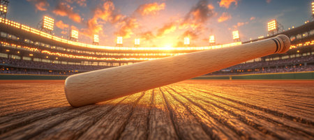 Baseball Bat Resting on the Field at Sunset, Ready for Action with a Stadium in the Backgroundの素材