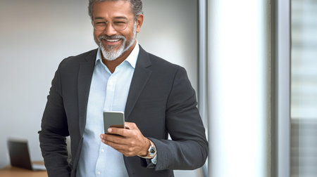 Confident Hispanic Entrepreneur Texting On Mobile Phone With Successful Expression and Smileの素材
