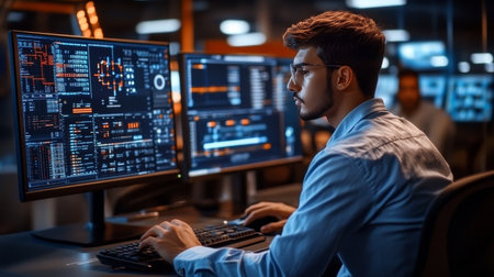Developer analyzing data on multiple computer monitors in a modern workspace environment.の素材