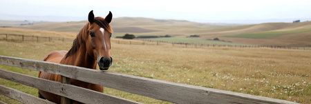Curious Morgan Horse Overlooking Farm Fence in Scenic Meadow, Rolling Hills, and Green Pastureの素材
