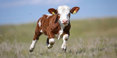 Playful Hereford Calf Joyfully Running Through Green Meadow Under Clear Blue Sky, Captivating Sceneの素材