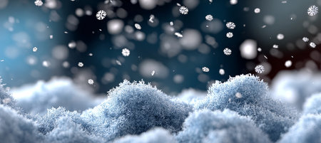 Abstract Snowflakes Field in Blurred Effect Within Serene Mountainscape, Ethereal Cool Serenityの素材