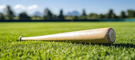 A Wooden Baseball Bat Resting on Lush Green Grass with a Beautiful Day Landscape in the Backgroundの素材