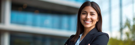 Confident Latina Entrepreneur Showcasing Empowerment and Success with a Bright Smile and Presenceの素材