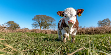 Adorable Hereford calf joyfully playing in a lush green field under a bright blue sky with treesの素材
