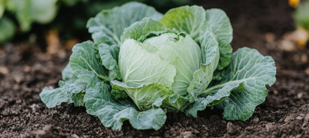 Vibrant Fresh Savoy Cabbage Growing in Rich Soil, Ideal for Organic Vegetable Gardens and Farmsの素材