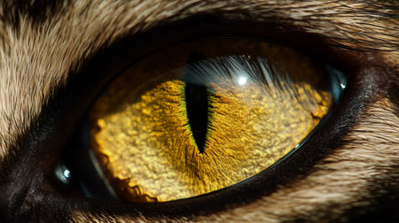 Captivating Close-up of a Cat s Enchanting Eye, Reflecting a World of Wonder and Colorful Lightの素材